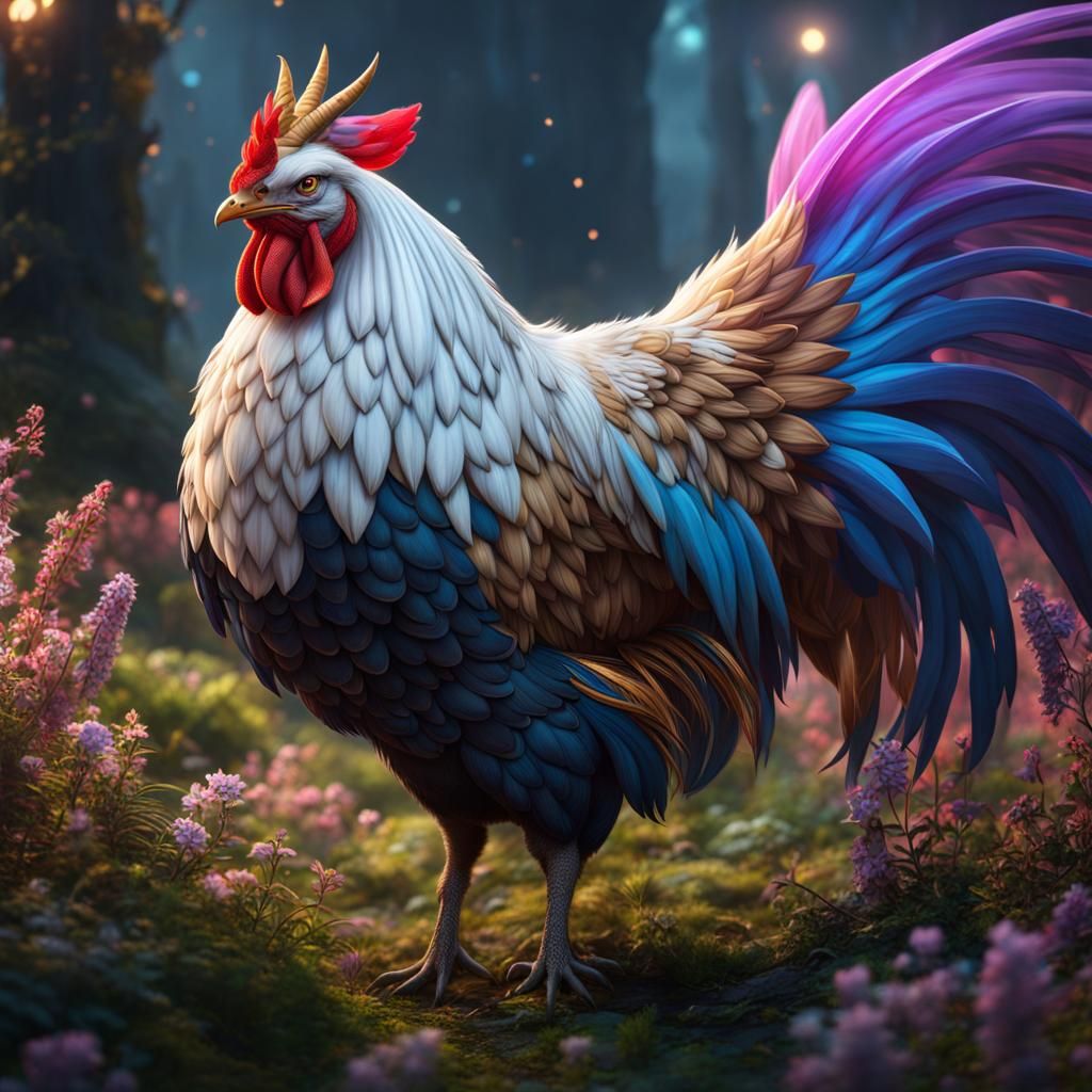 Fantastical Hen with Unicorn Wings, Digital Art