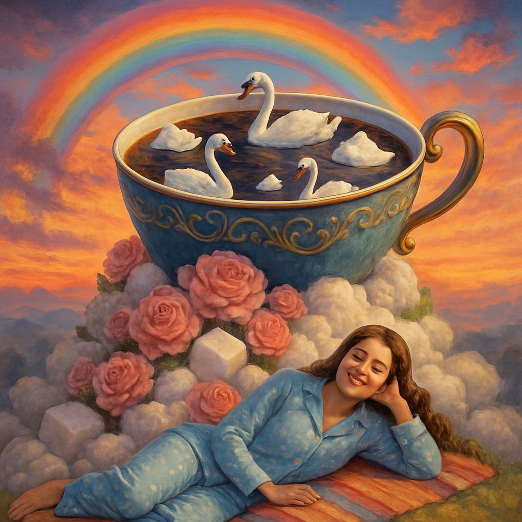 Surreal Coffee Cup Landscape with Swans and Rainbow Sunset