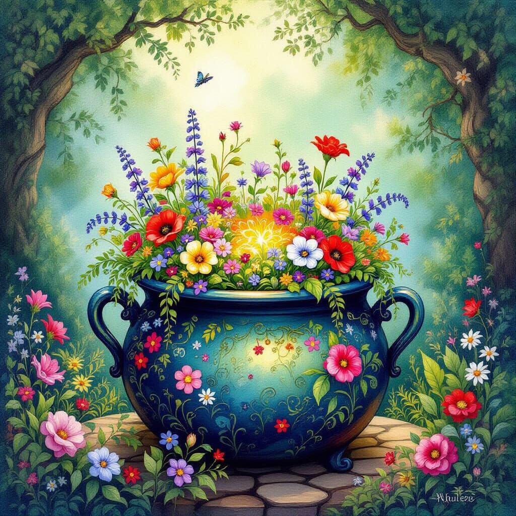 Enchanted Witch's Cauldron Garden in Watercolor Style