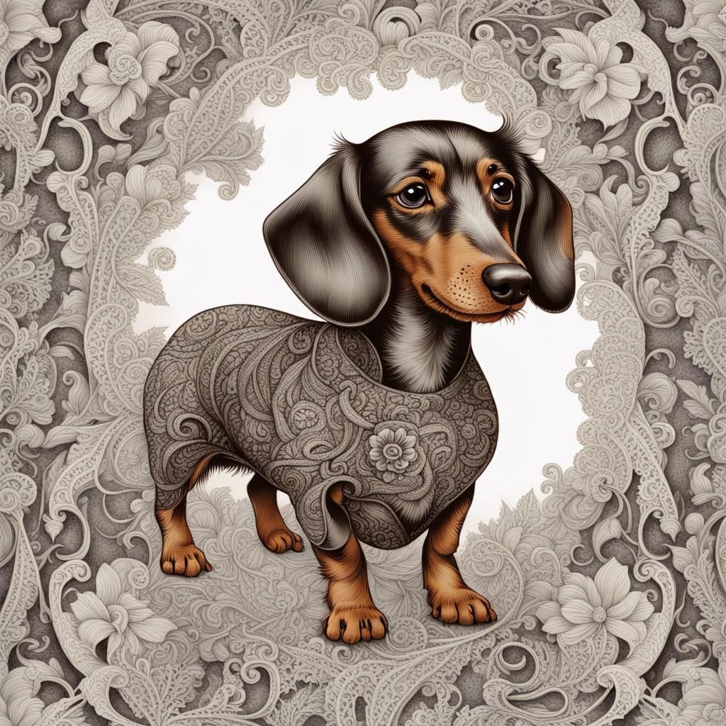 Lace Art: Dachshund Dog in Fairytale Illustration