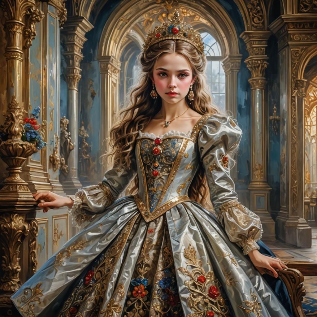 Princess in Russian Fairy Tale Palace, Oil Painting