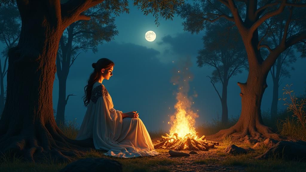 Woman by Campfire in Ornate Matte Painting