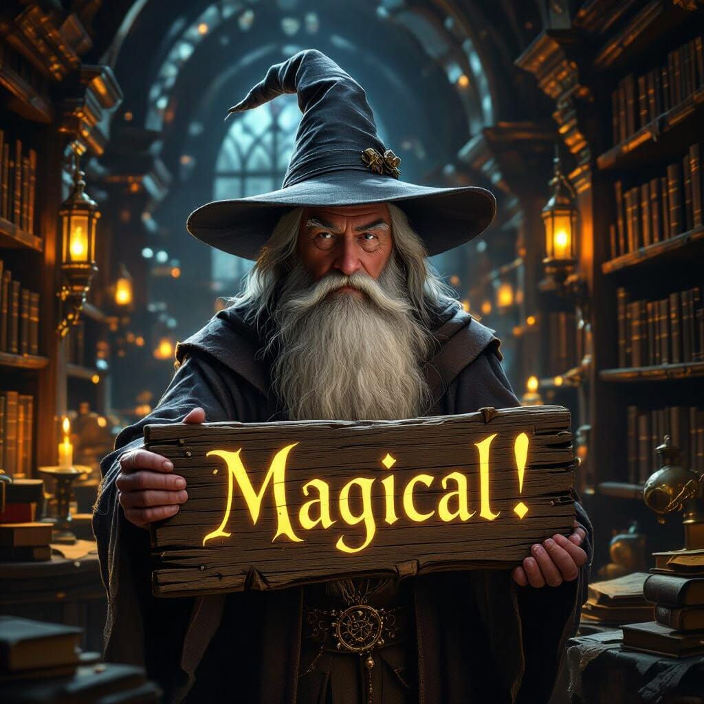 Wise Wizard Holds Magical Sign in Ancient Library