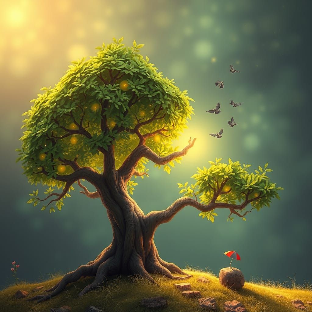 A Whimsical Tree Sings in Warm Golden Light