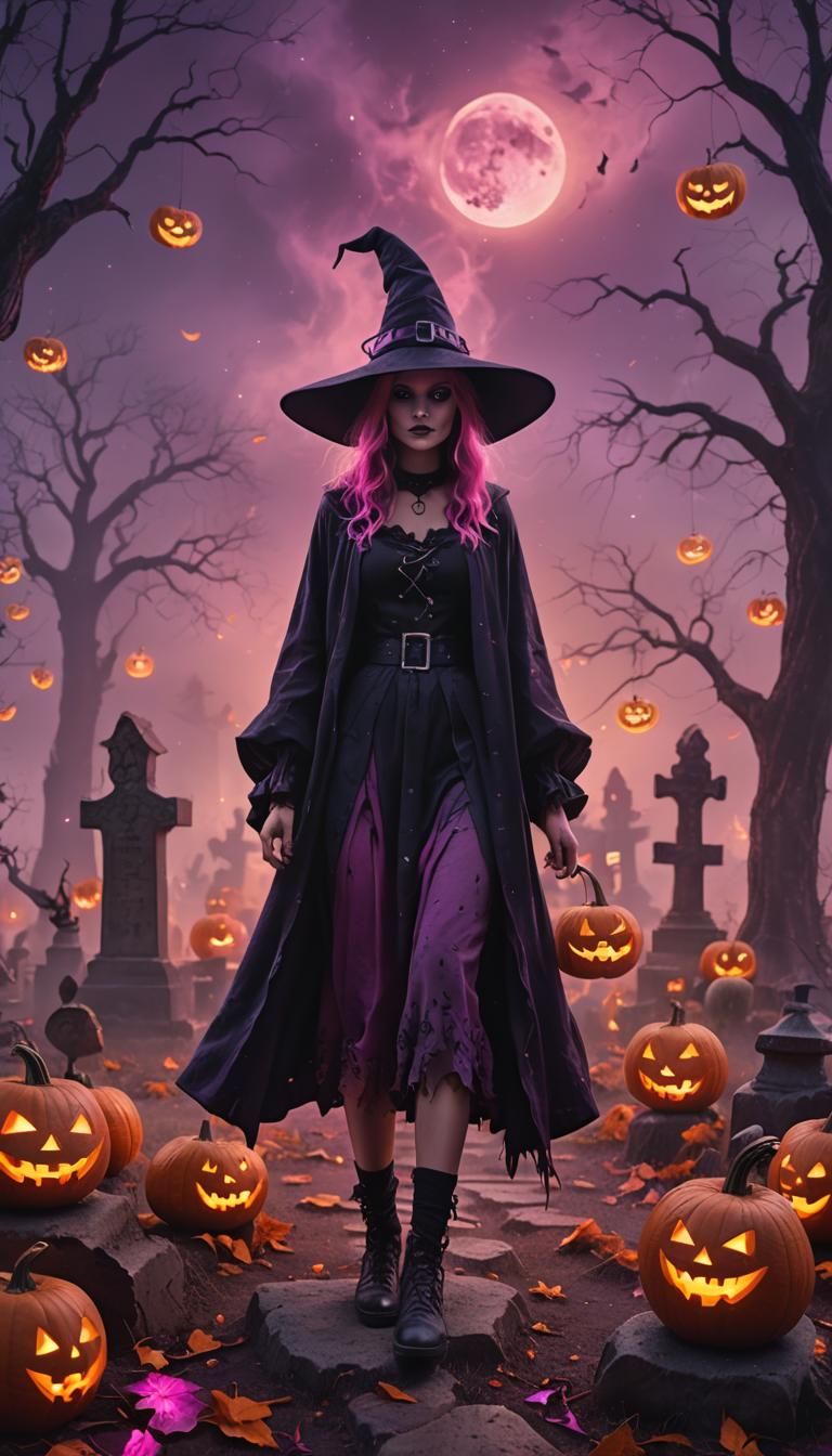 Spooky Graveyard Witch in Glowing Purple Mist