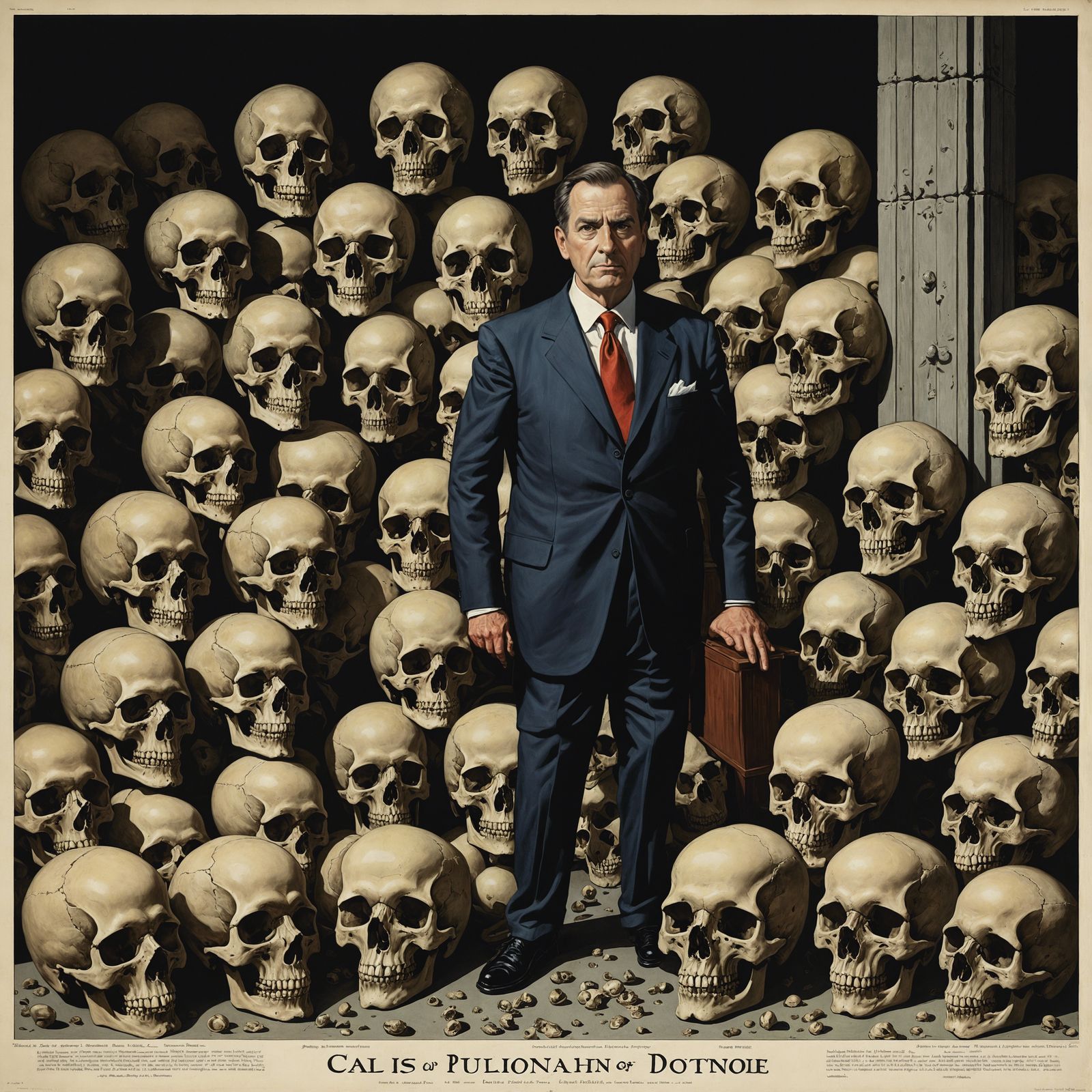 Cruel Politician Caricature Looms Over Skulls