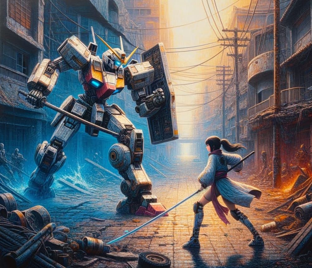 Warrior Faces Mecha in Anime-Inspired Sci-Fi Scene