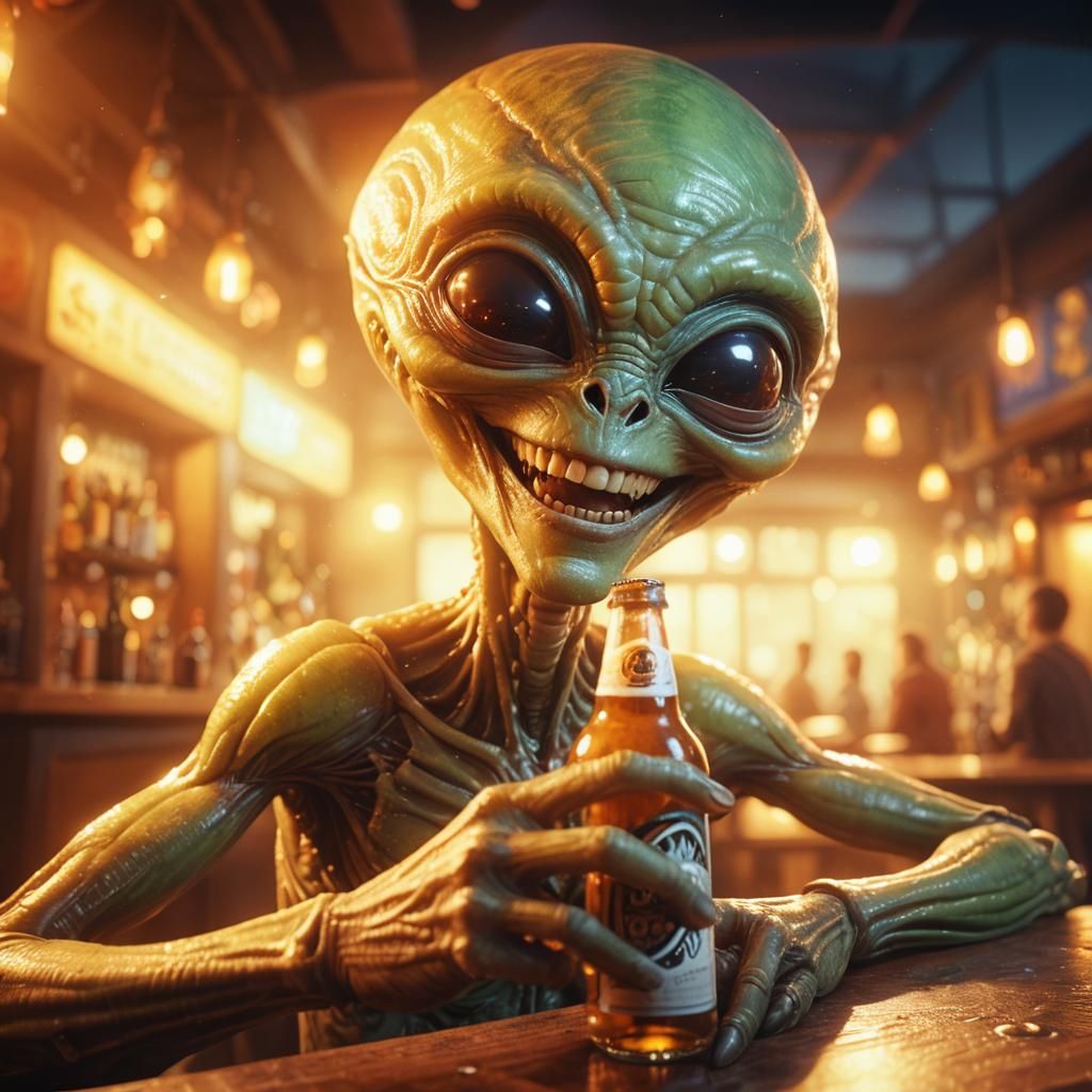 Alien at Bar with Beer, Detailed Matte Painting