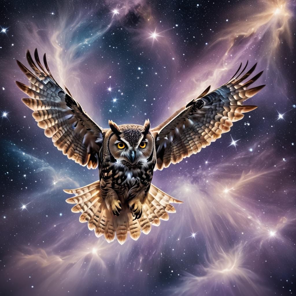 Owl's Cosmic Flight: A Celestial Masterpiece