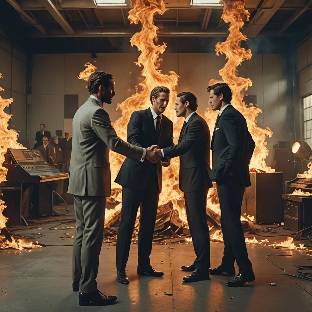 Burning Businessmen Shake Hands: Surreal Concept Art