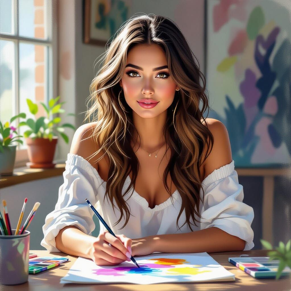 Stunning Young Woman, Gouache Painting