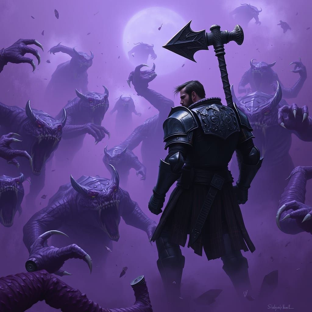 Fierce Purple Creatures Attack Armored Man in Fog