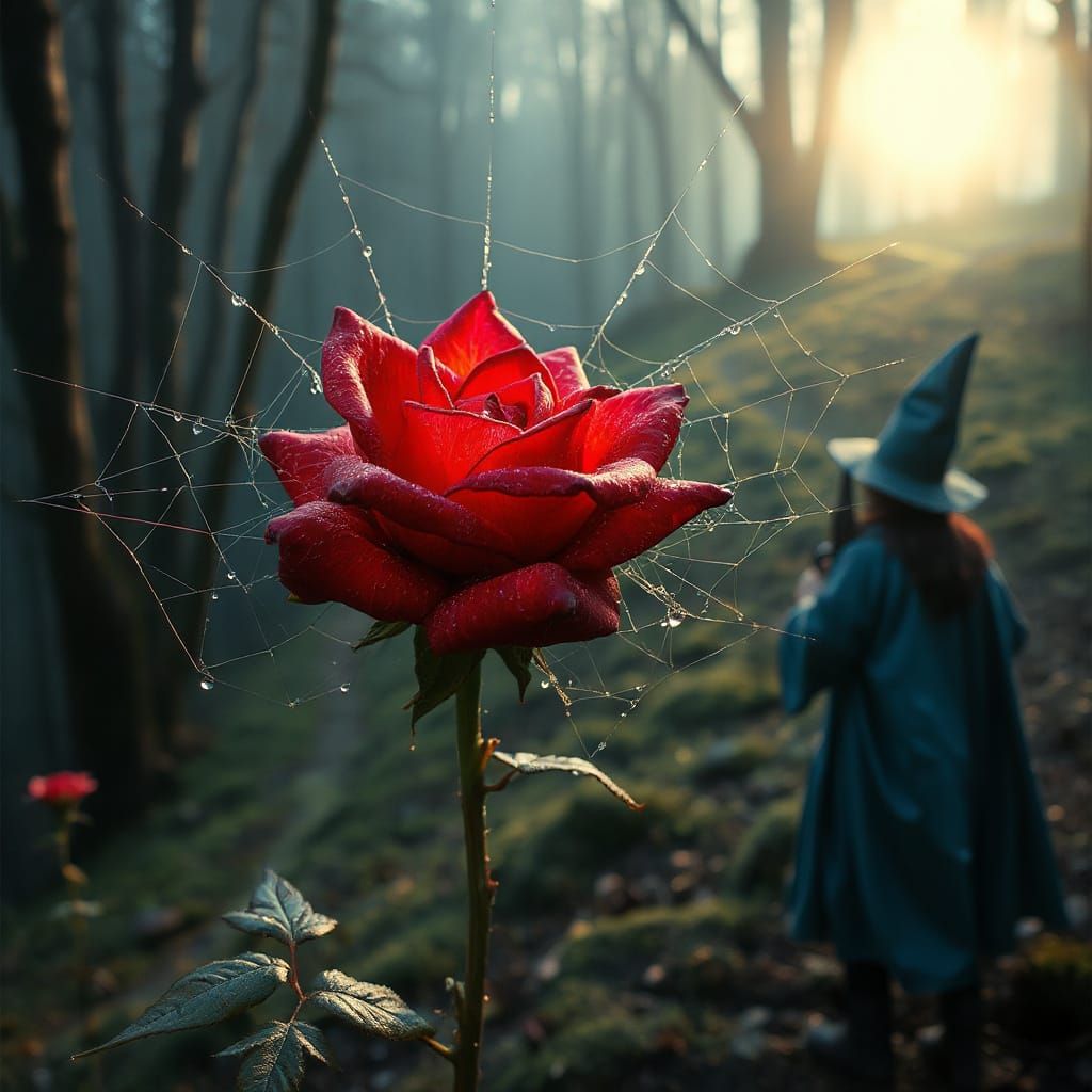 Glowing Spider Silk Rose in Mystical Forest