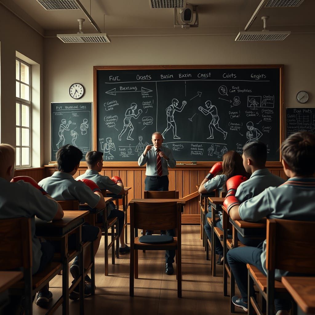 Boxing Students in Classroom, Cinematic 3D Render