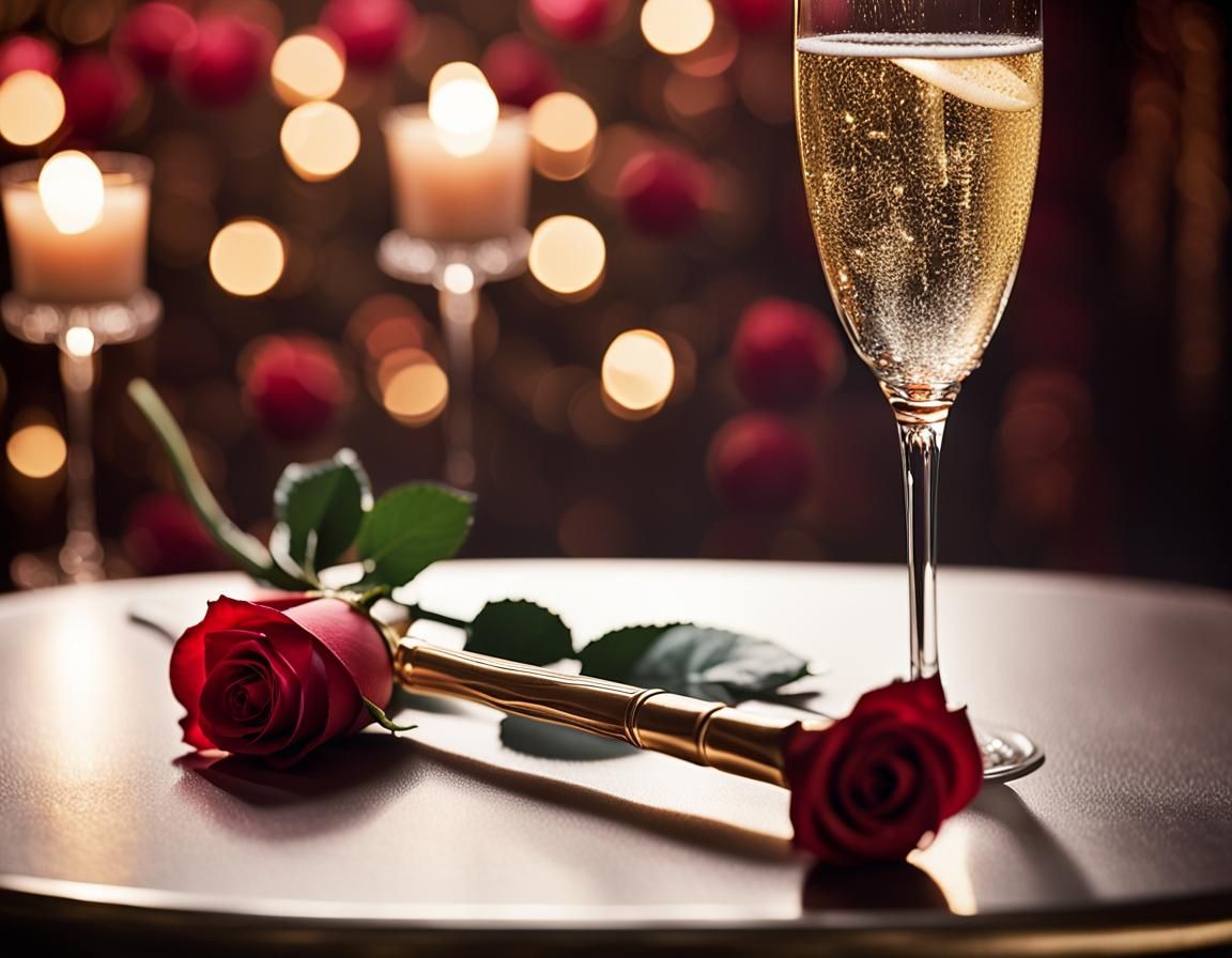 Opulent Still Life: Saber, Rose, and Champagne