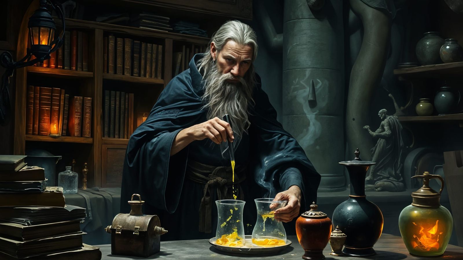Celtic Sorcerer Mixing Potions in Laboratory