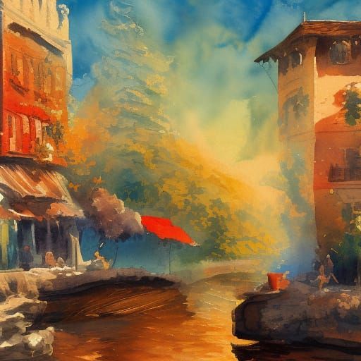 Gouache Town in Impressionist Watercolor Style