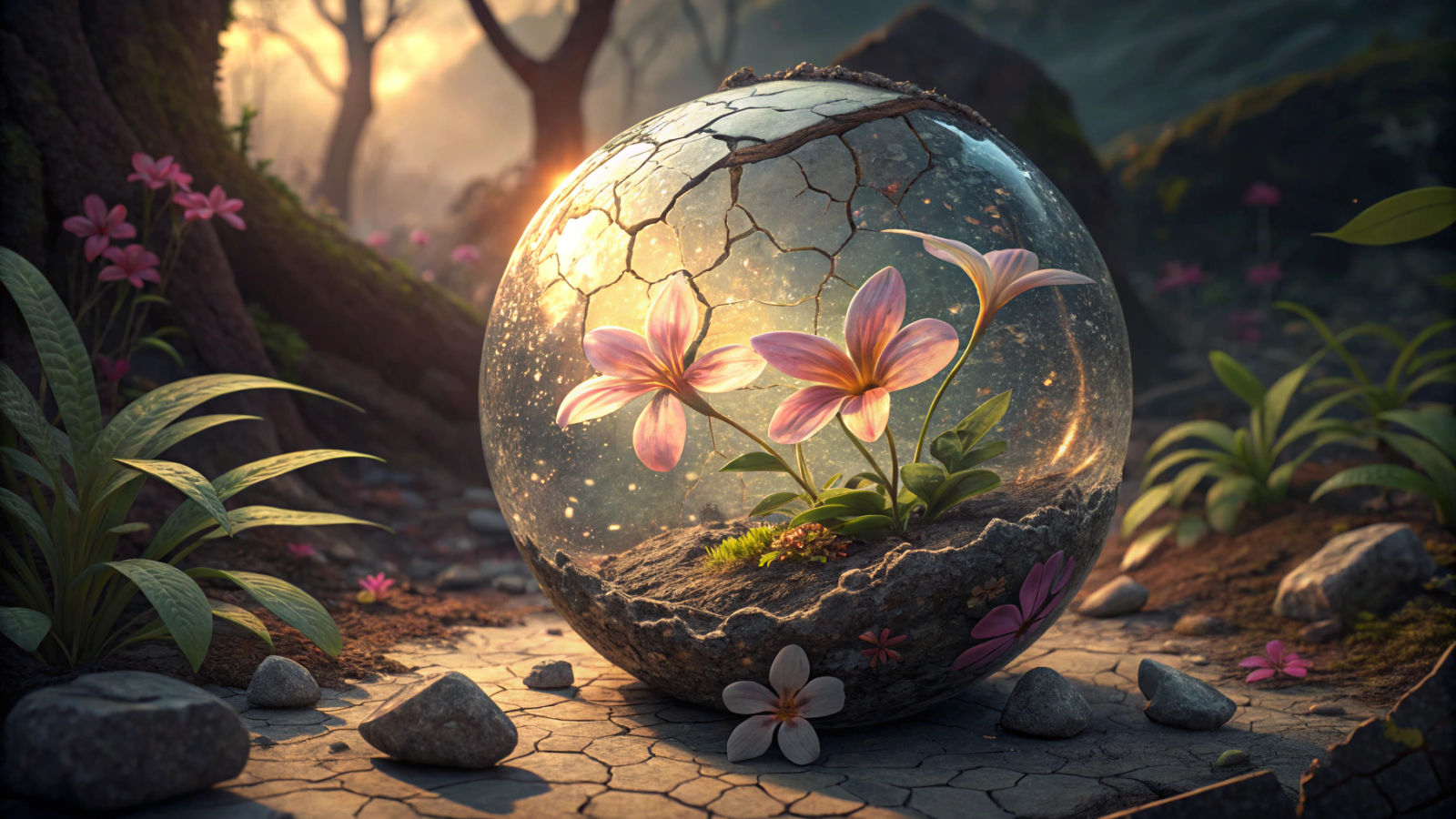 Exotic Flowers Bloom in Fractured Glass Orb
