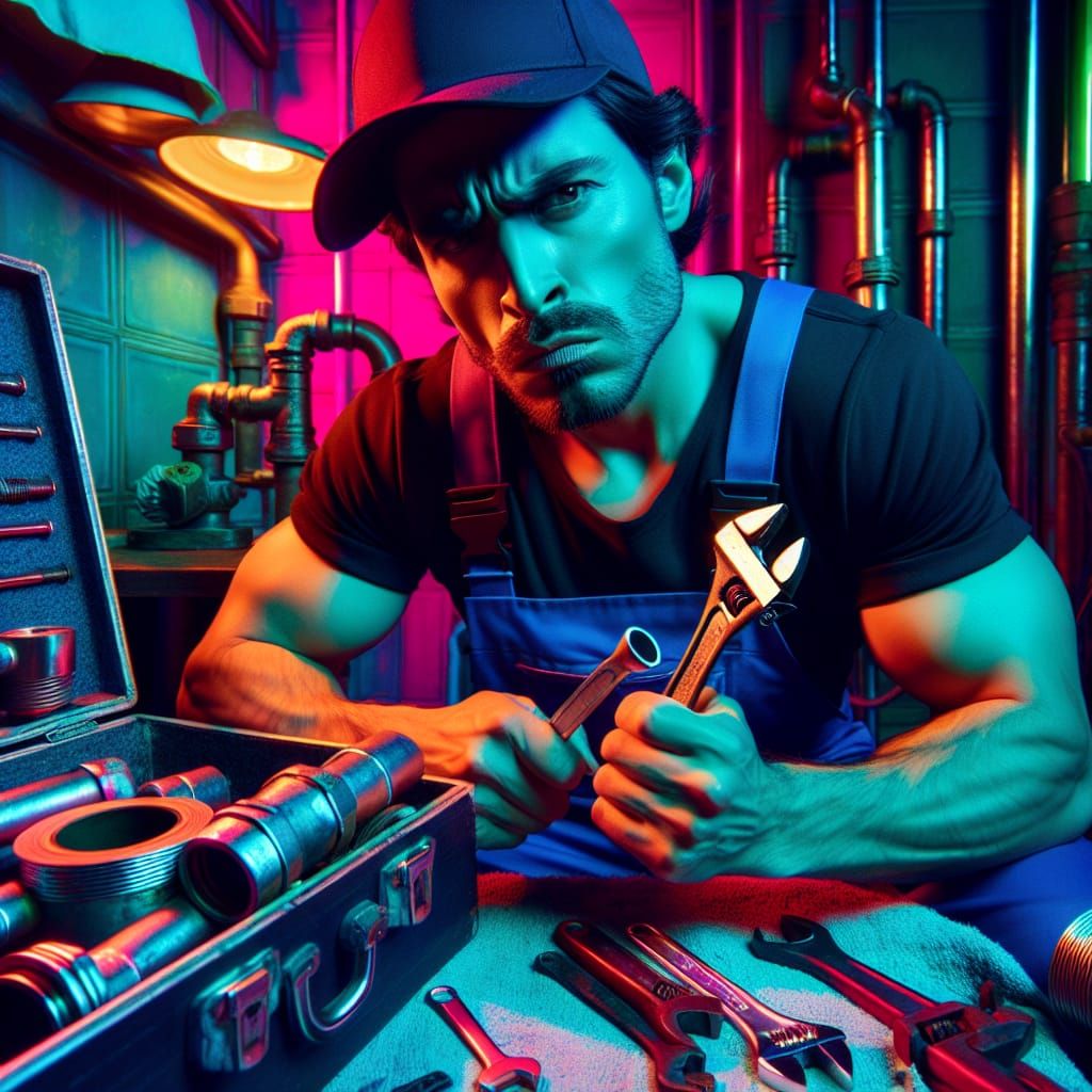 Gritty Plumber Works under Neon Lighting