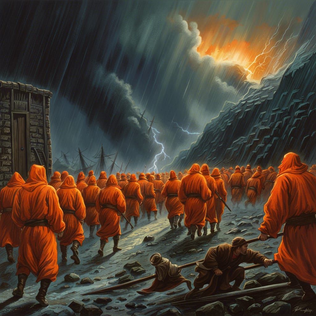 Prison Fight Under Stormy Sky, Detailed Matte Painting