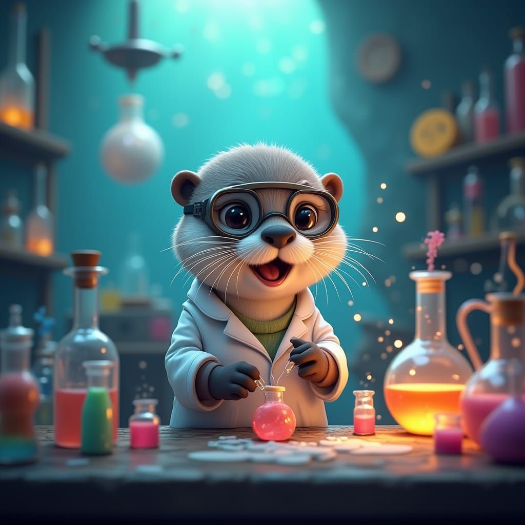 Cute Otter Scientist in Underwater Lab, 3D Animation