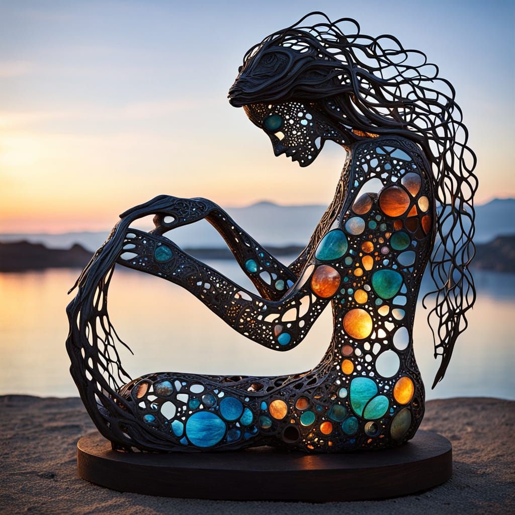 Surreal Sculpture of Woman with Cracked Mirrors