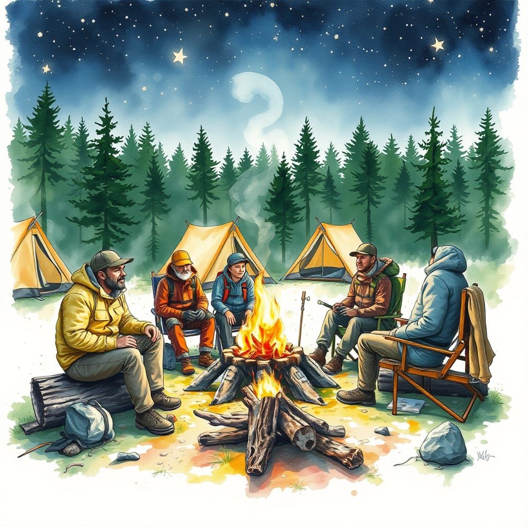Hikers Camping Under the Stars in Watercolour Style