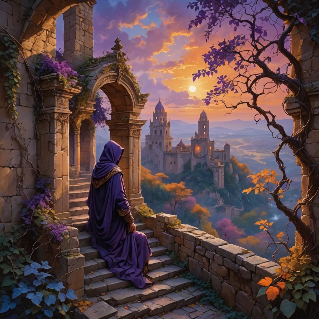Purple Figure on Ancient Ruins at Sunset