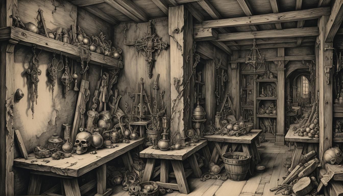 Wrath's Secret Altar: Hyperdetailed Charcoal Drawing