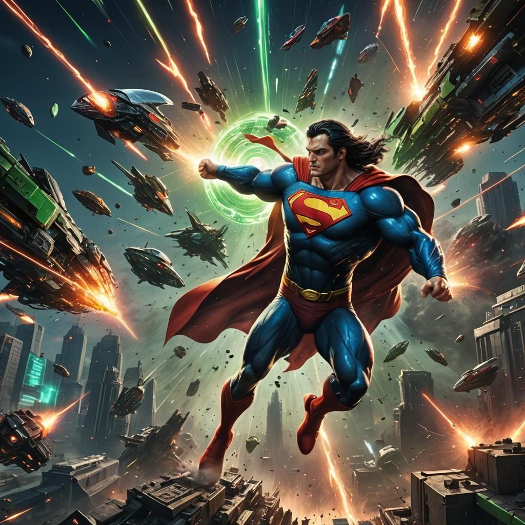 Superman Battles Aliens in Neon Space Art