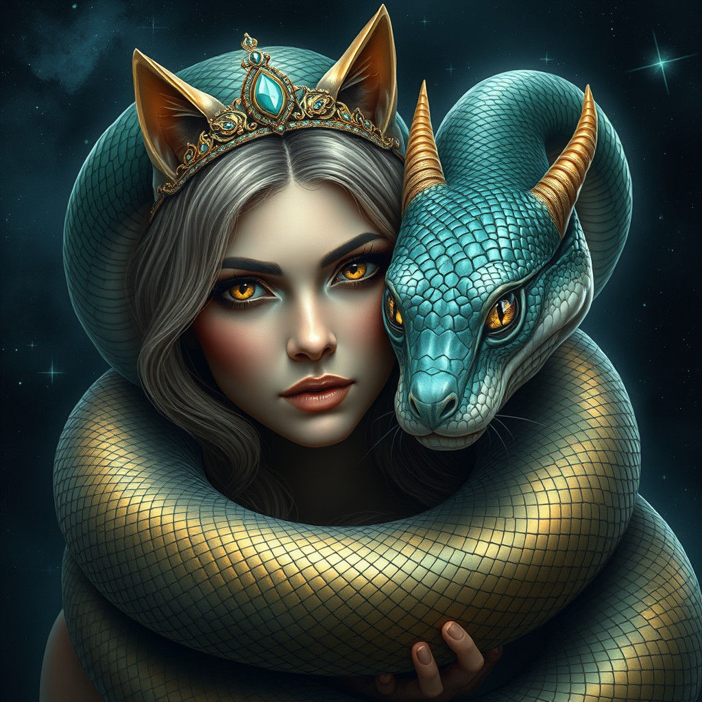 Mystical Woman with Serpent in Cosmic Night