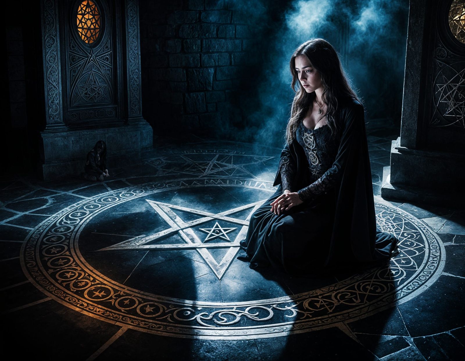 Witch Conjuring a Demon with Pentagram Ritual