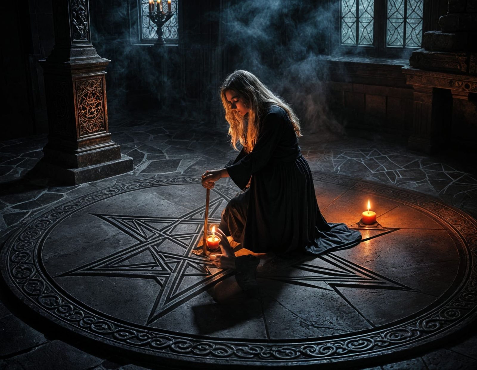 Young Witch Kneeling Before Pentagram on Stone Floor