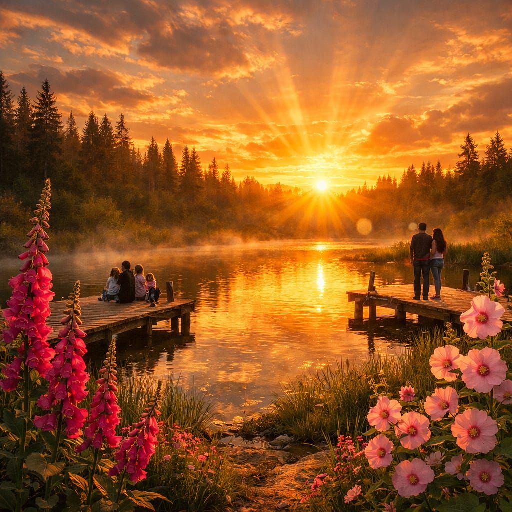 Golden Hour Landscape with Foxgloves and River