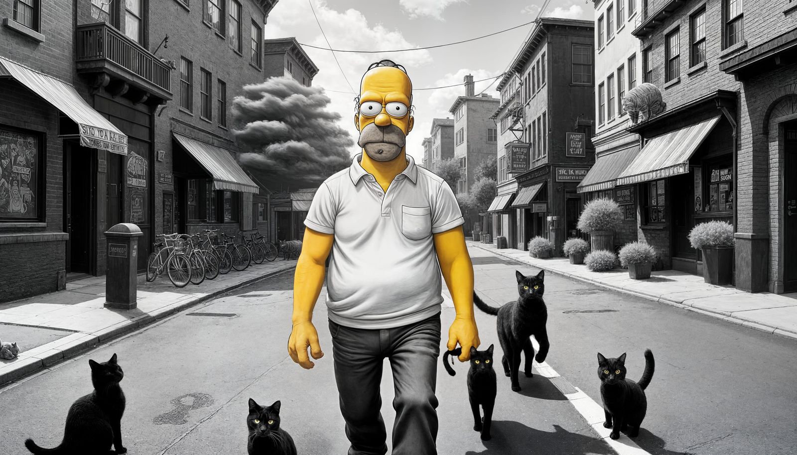 Homer Simpson's Feline Fiasco: A Cartoon Charcoal Sketch