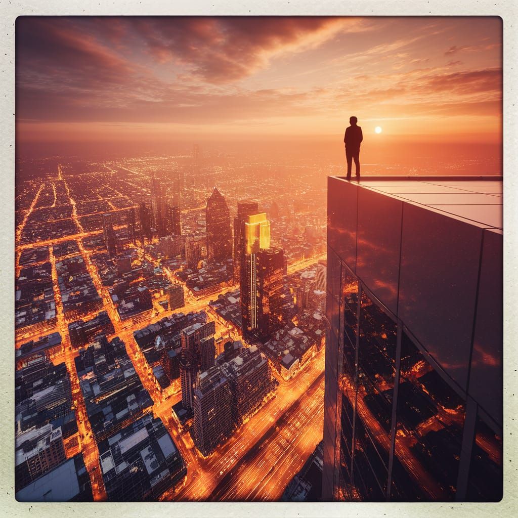 Sunset Silhouette on Skyscraper Edge in Crewdson Style