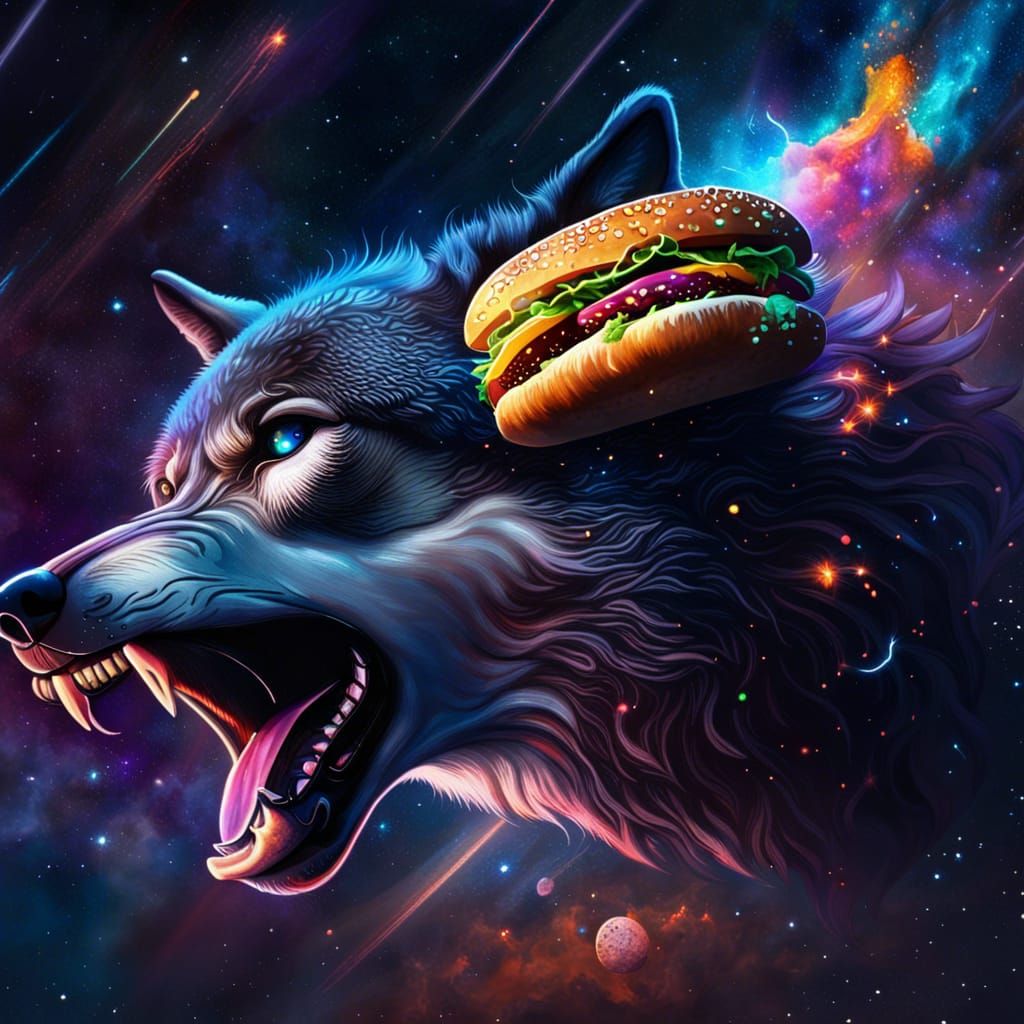 Hyperrealistic Wolf Eating Burger in Space