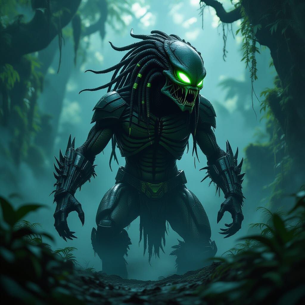 Alien Predator Hybrid in Smoky Bioluminescent Jungle