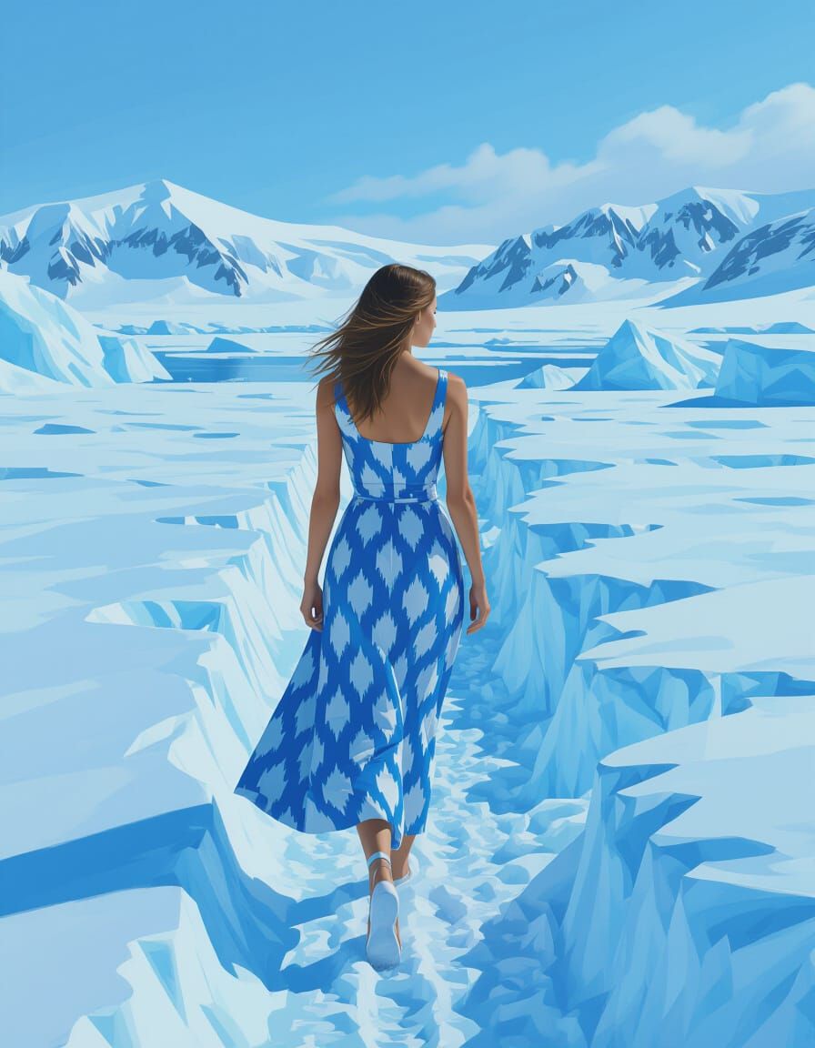 Woman Walks Antarctic Ice Field in Digital Art Style