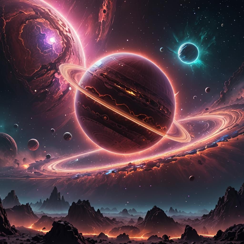 Ringed Planet within a Glittering Nebula