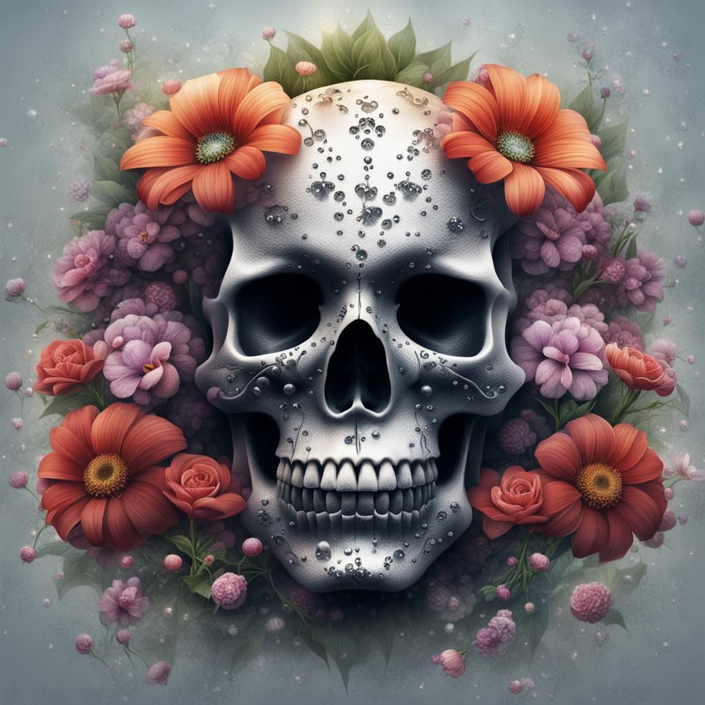 Dew-Kissed Skull: A Floral Matte Painting