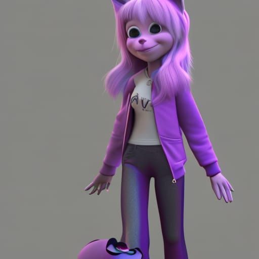 Fox Girl in Purple Jacket: 3D Digital Art