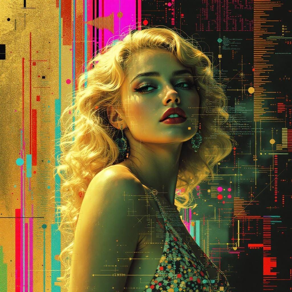 Glitch Art Pin-Up with Digital Fractal Overlays