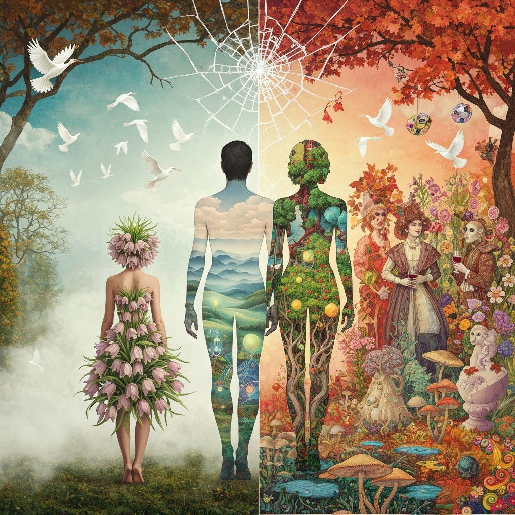 Woman in Fritillaria Dress in Surreal Landscape