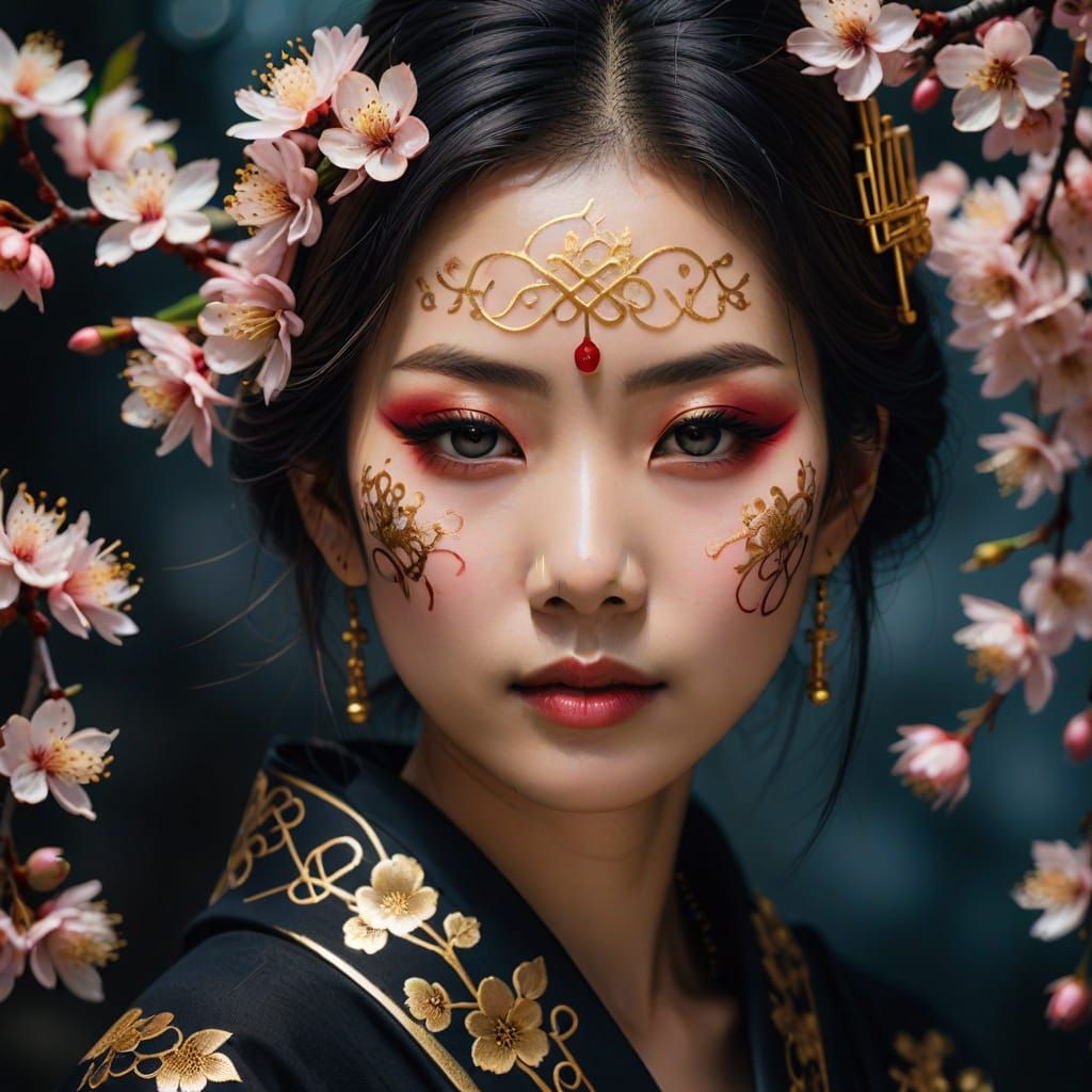 Japanese Beauty Adorned with Cherry Blossom Kanji Tattoo