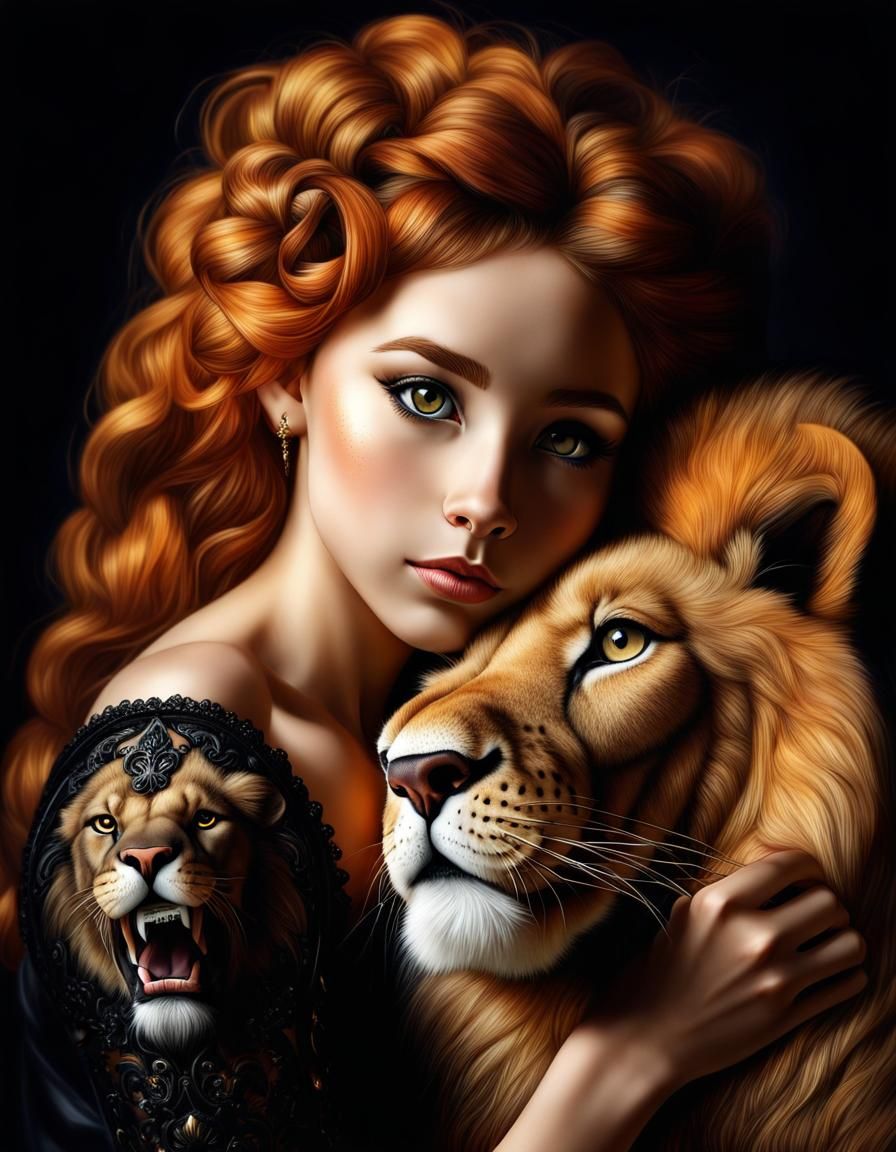 Cute Lion Girl Hugging Lion in Baroque Style
