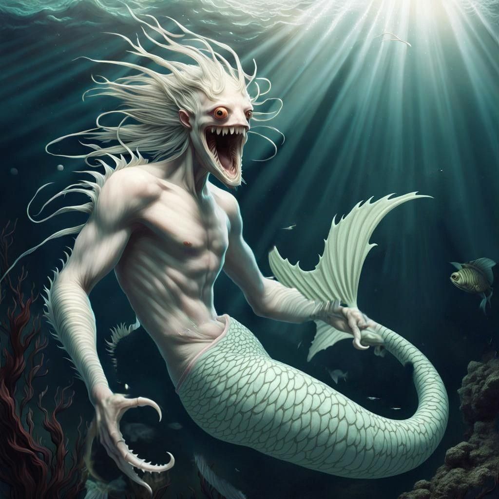 Eerie Pale Merman with Fish-like Features