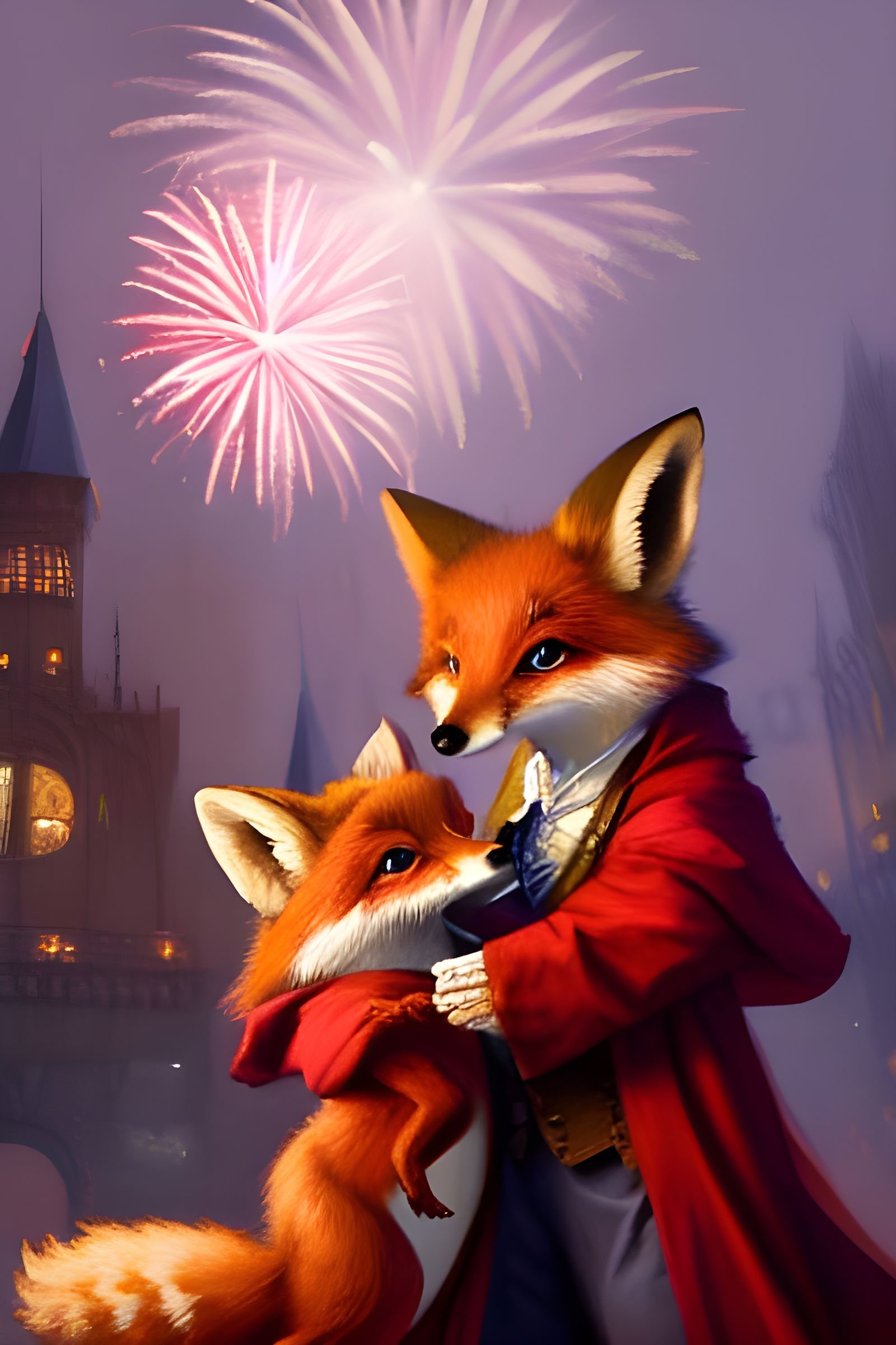 Victorian Foxes Celebrate with Fireworks, Digital Art