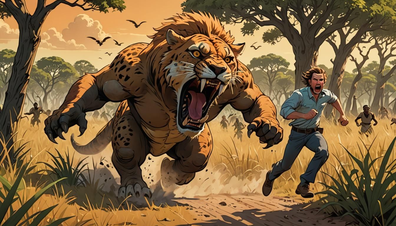 Cartoon Man Running from Angry Dinosaur in Savannah