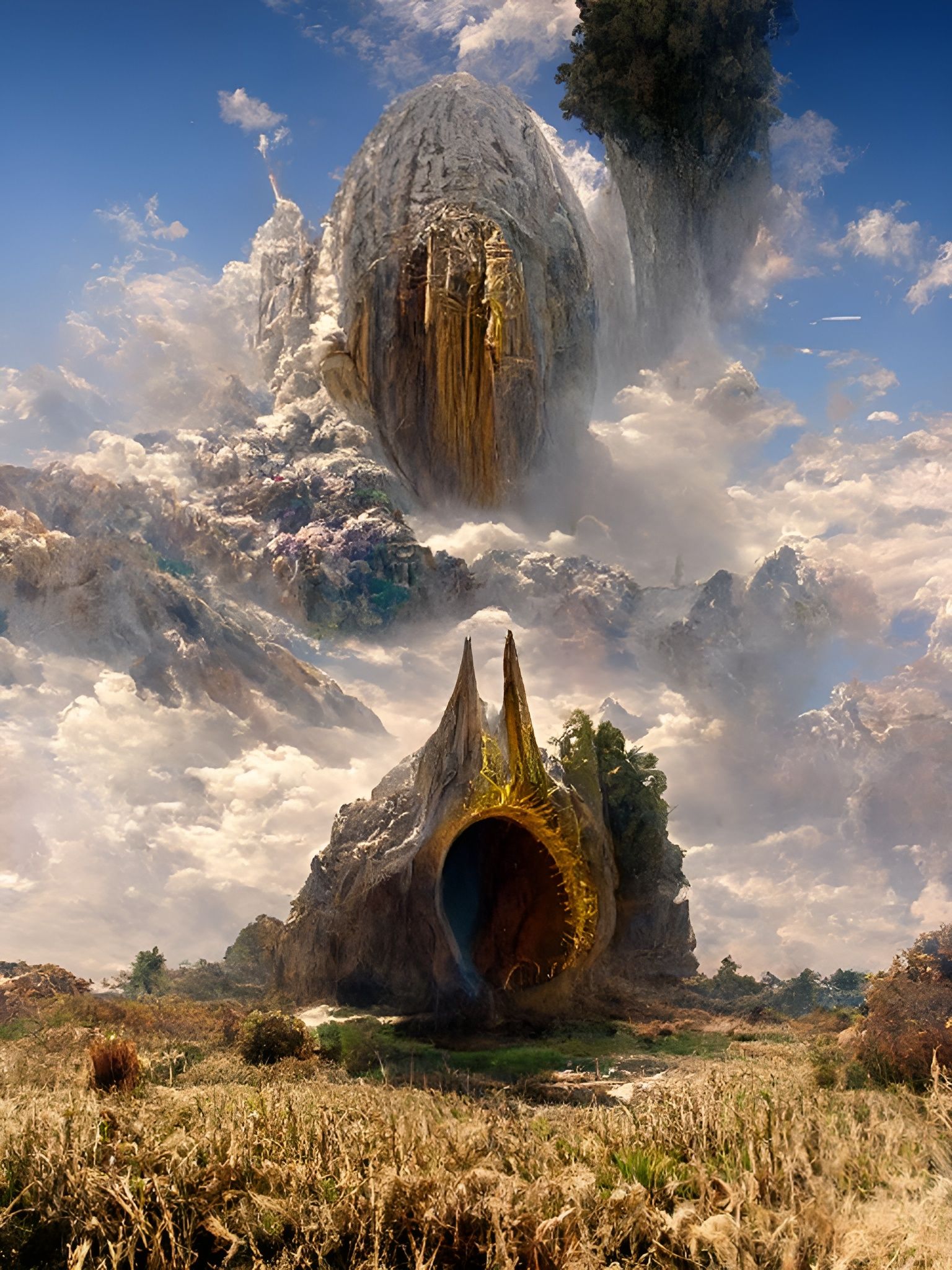 Alien Spaceship Over Cornfield Valley with Galactic Portal